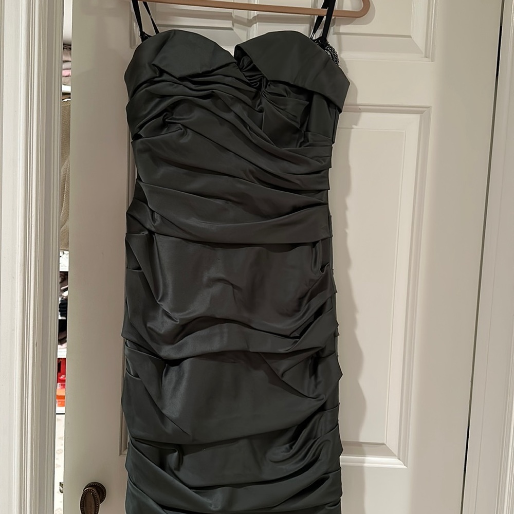 Mandalay green satin and black lace evening dress